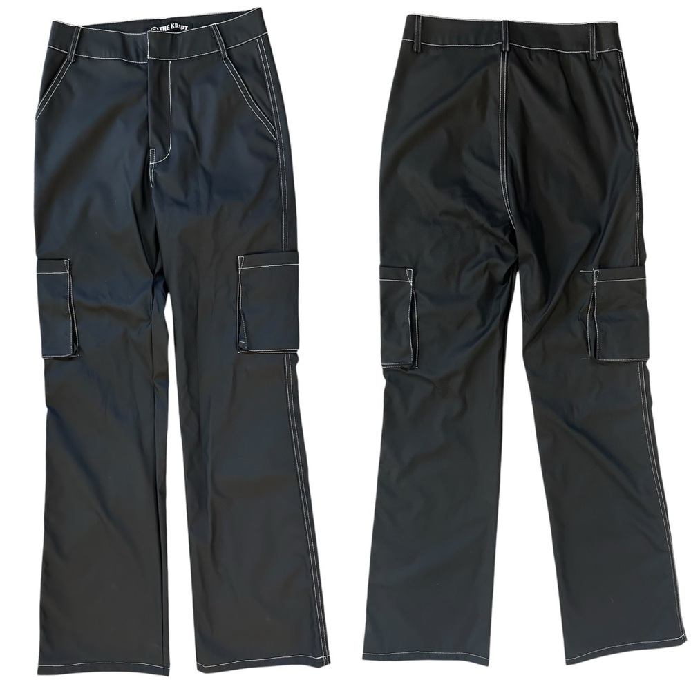 The Kript Black Faux Leather Vinyl Wide Leg Cargo Pants White Stitching Size XS